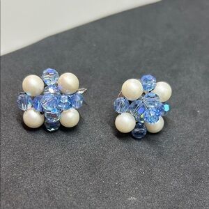 Vintage Pearl and Blue Crystal Clip Earrings